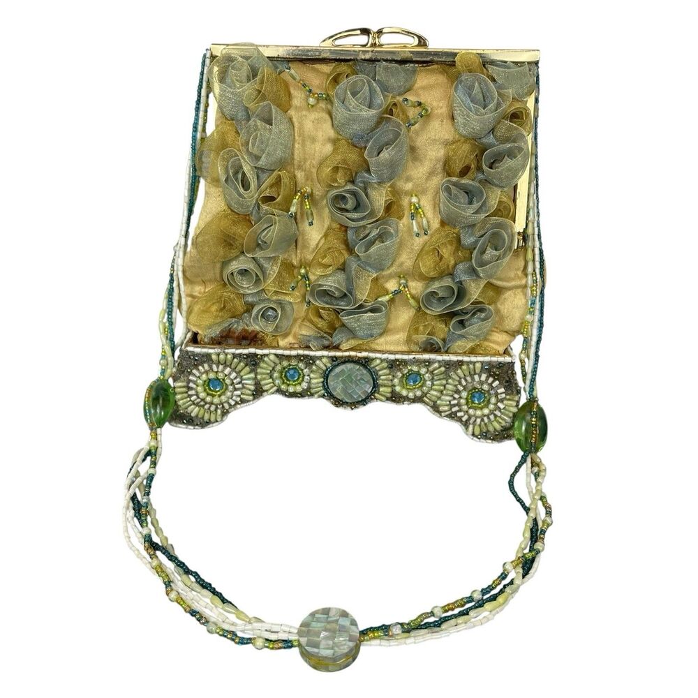 Mary Frances Purse Handbag  Beaded Embellished Collectors Sage Cream, DAMAGED